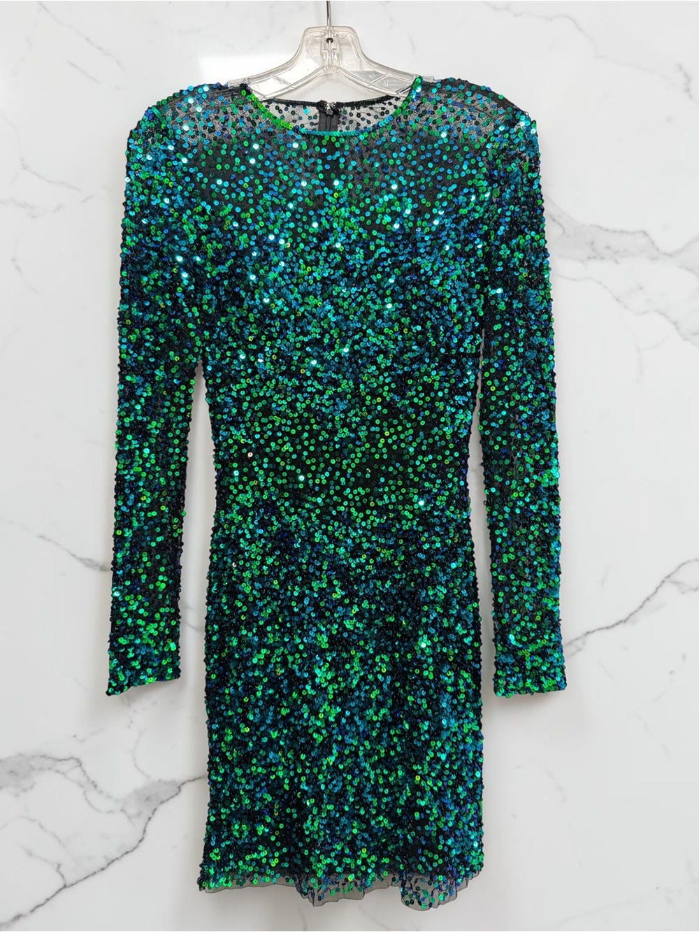 Mac Duggal Green and Blue Iridescent Sequin Long-Sleeve Dress - Picture 2 of 6